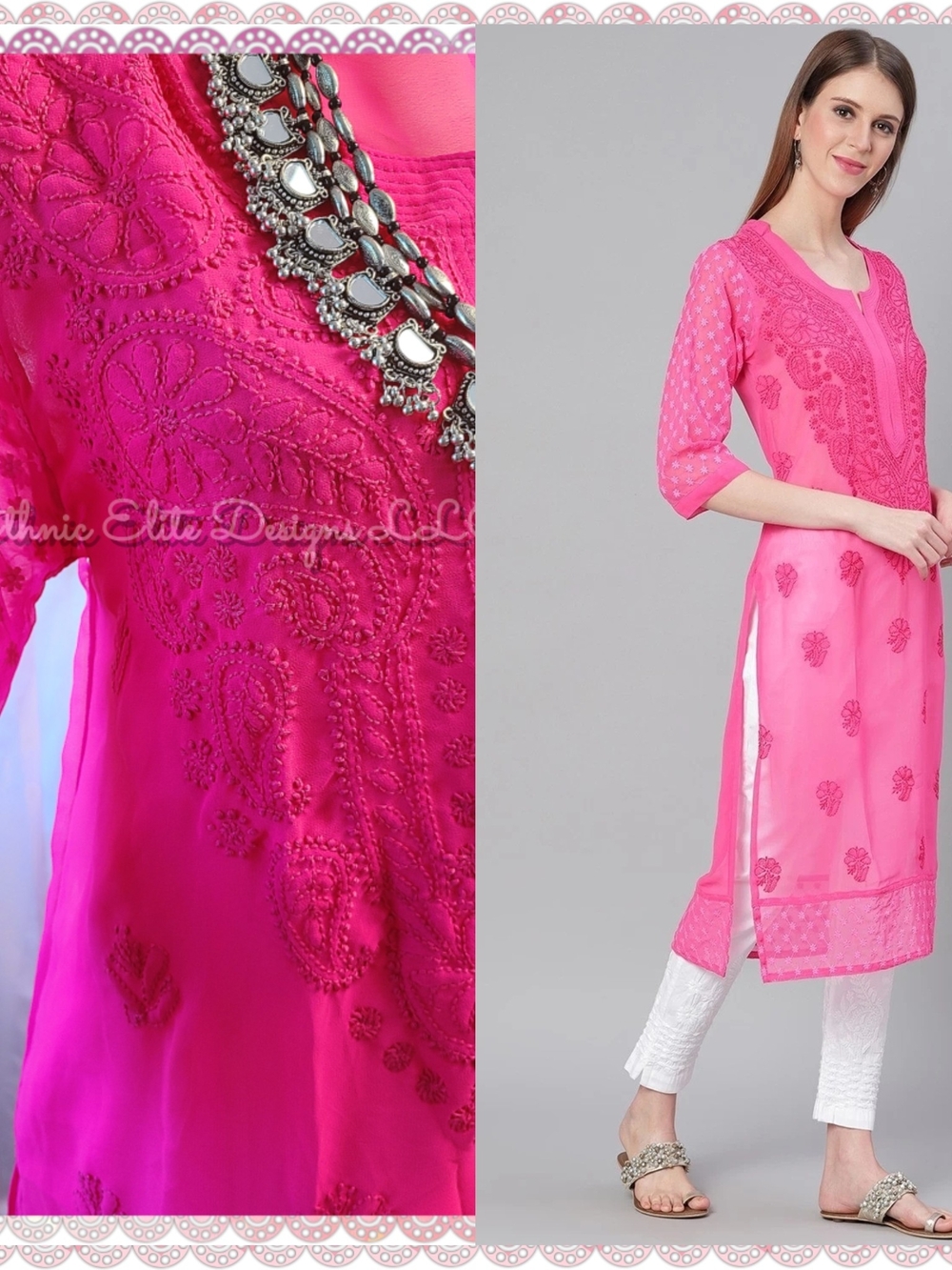 New Hot Pink Embroidered chiffon chikankari Kurta Size L